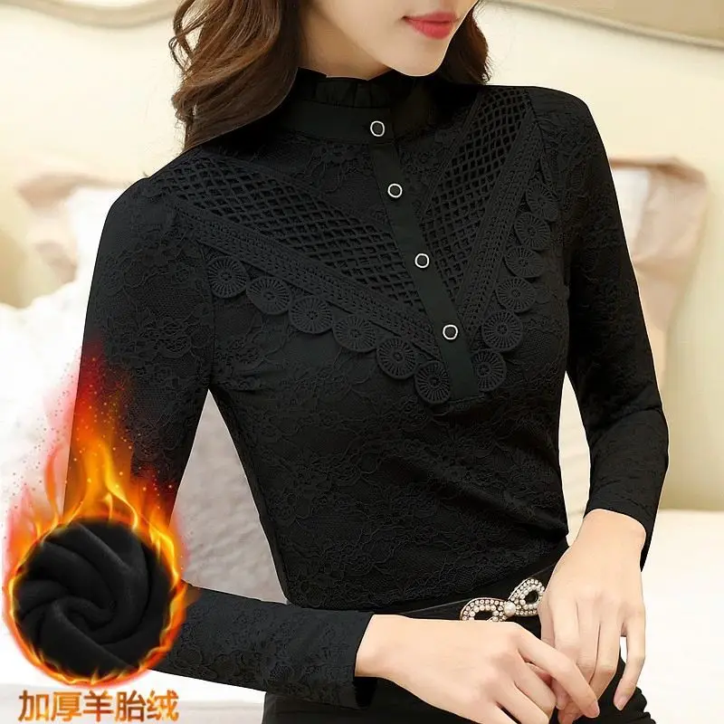 

Women Autumn Winter New Fashion Commute Lace Half High Collar Bottom Shirt Button Embroidery Spliced Long Sleeve Tops