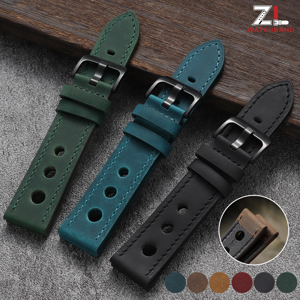 Premium Crazy Horse Leather Watchband - Genuine Cowhide, Breathable Racing Strap