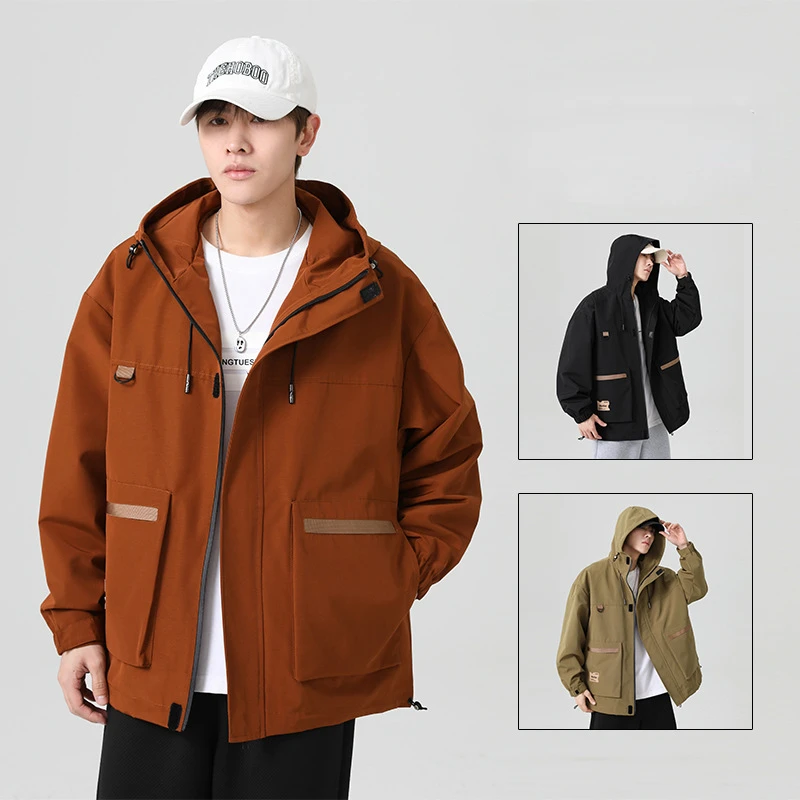

Spring and Autumn Tooling Coat Men Jacket Windproof Jackets Tide Brand Hooded Loose Handsome Simple Korean Version Popularity
