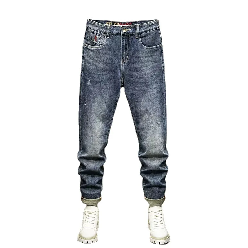Newly Designer Fashion Men Jeans High Quality Retro Blue Elastic Slim Fit Ripped Jeans Men Embroidery Vintage Denim Pants Hombre