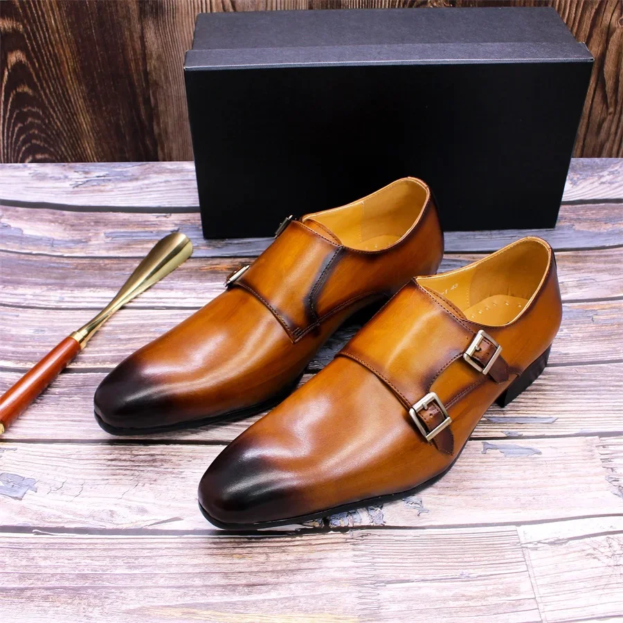 Mens Monk Strap Formal Shoes Genuine Leather Business Double Buckle Office Dress Shoes for Men
