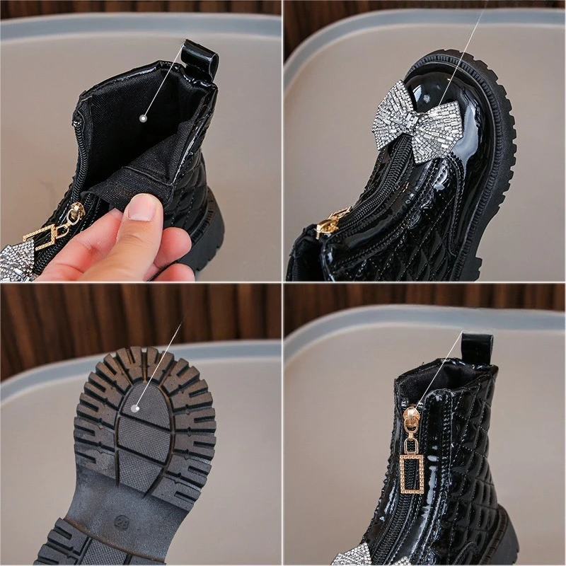 Girls Ankle Boots with Shiny Bow and Breathable Lining