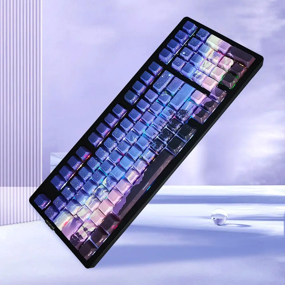 Lado Gravado Keycaps Translúcidos Adequado para 68 75 96 104 Cross Switch Teclado Mecânico Cereja Pbt Amanhecer Roxo Céu Estrelado 125 Chaves - Imagem 3
