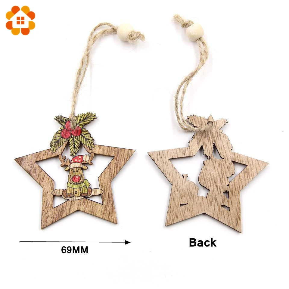 Christmas Decorations 4PCS Christmas Star Wooden Pendants Ornaments Xmas Tree Ornament DIY Wood Crafts For Home Christmas Party