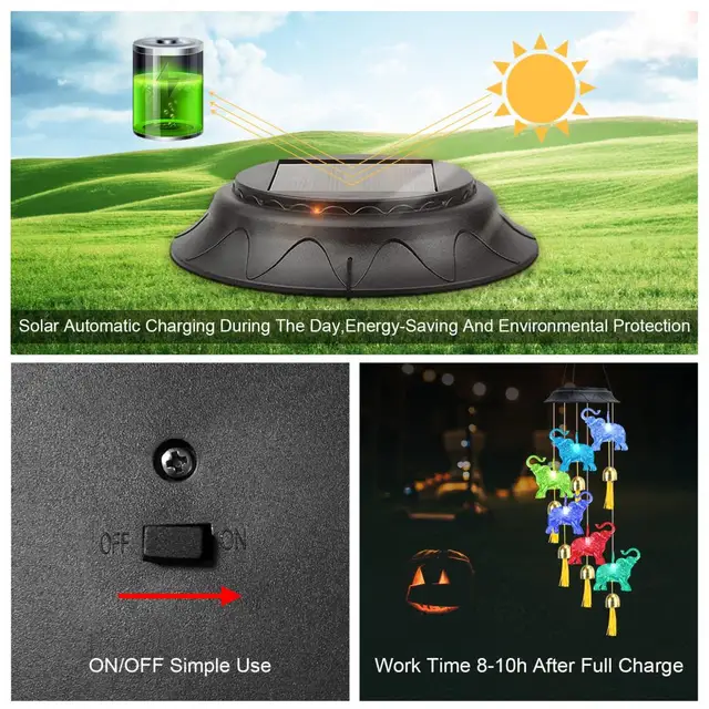 Solar Elephant Wind Chiend Vízálló Led Színváltó Mobil Fény Kültéri Dekoráció A Kerti Terasz Udvarához - Image 2