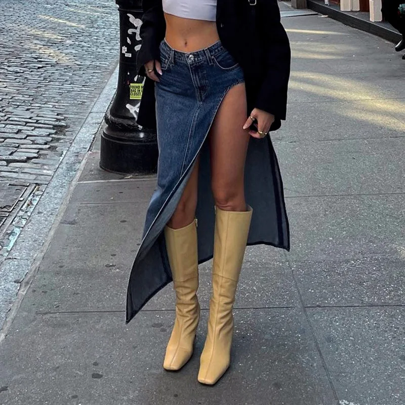 

Yuqung Women Denim Split Maxi Skirt Fashion Female Jean High Waist Wrapped Hip Straight Long Skirt Autumn Winter Street Blue
