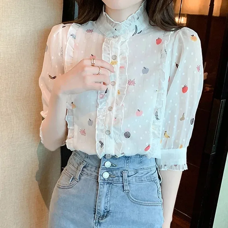 Women's Sweet Floral Print Chiffon Blouse Half Sleeve Tops Casual Clothes Edible Tree Fungus Collar White Summer 27476
