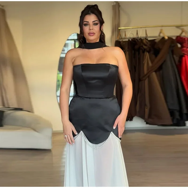 Solides trägerloses Satinkleid für Damen, ärmellos, durchsichtiger Perlenrock, aufwendiger Saum, Detaillierung, fließendes Zugkleid, 2025, Damen-Abendrobe – Detail 11
