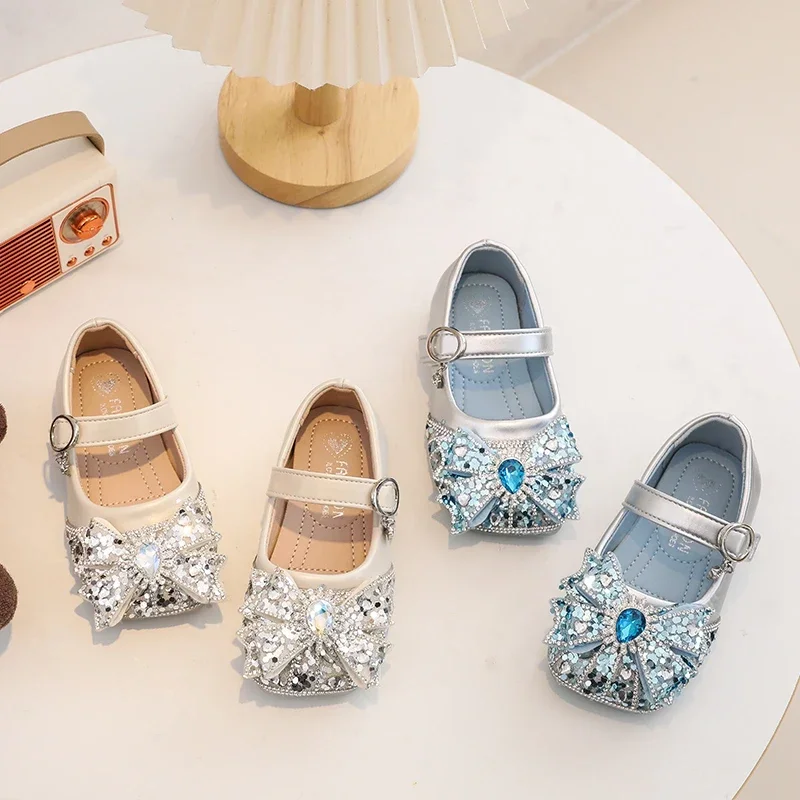 Leather Kids Shoes with Sequins and Bows for Girls