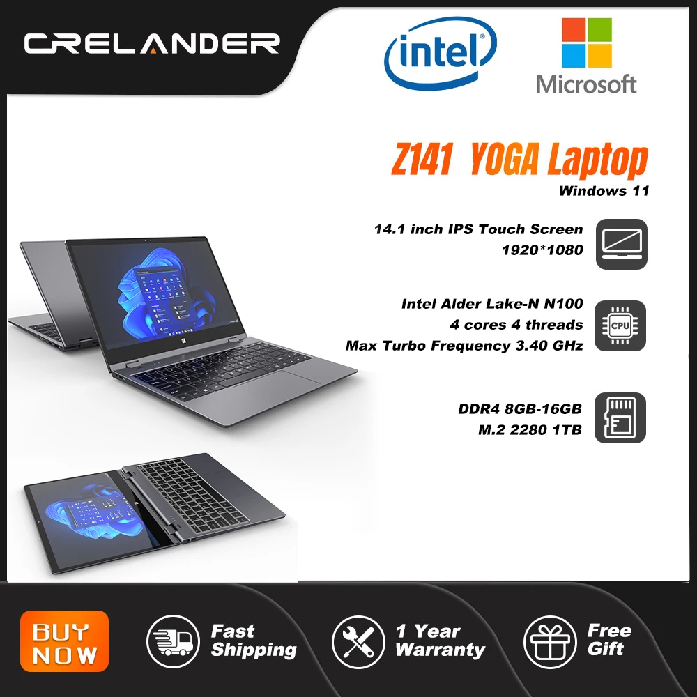 CRELANDER Z141 YOGA Laptop Intel N100 Processor IPS Touch Screen DDR4 16GB 360 Degree Folding Notebook Computer Mini Laptop PC