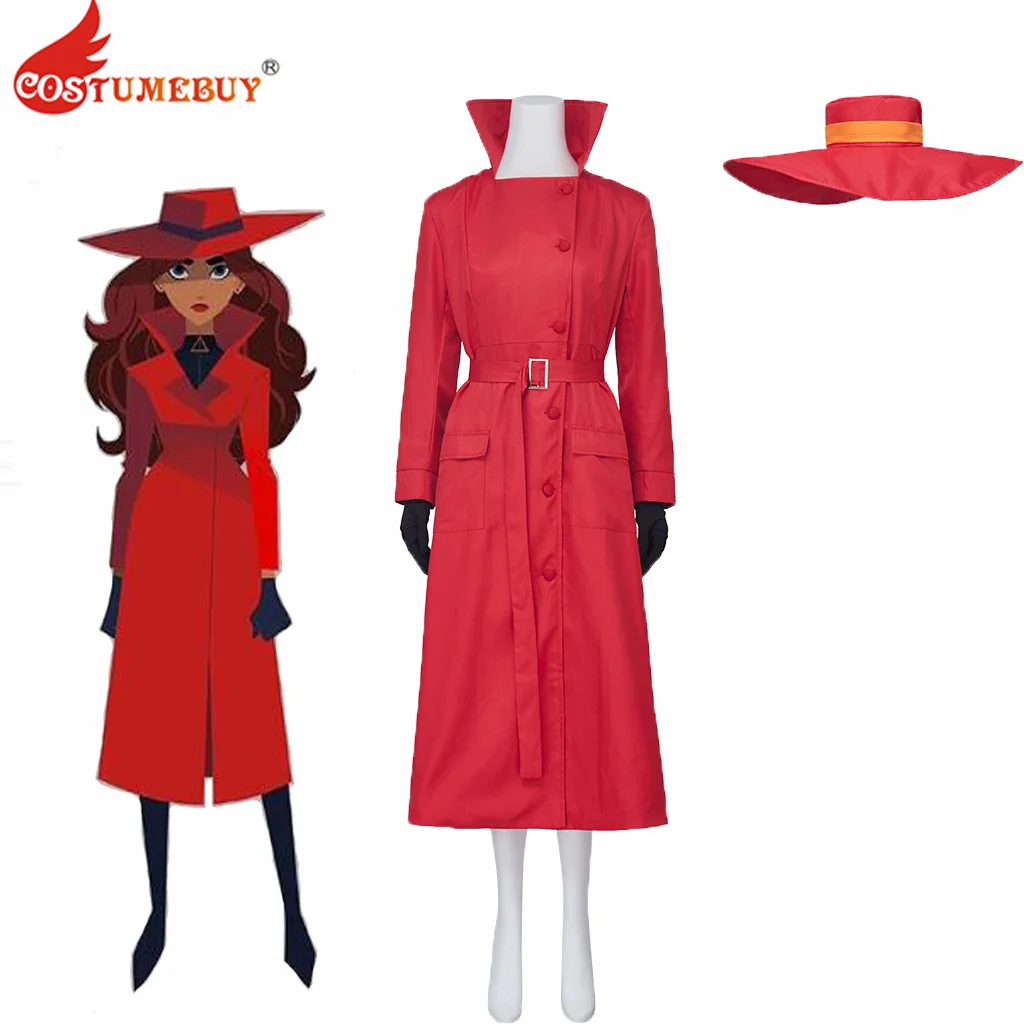 

Carmen Isabella Cosplay Sandiego Costume Red Dress Trench Jacket Coat with Hat Gloves Outfits Female Halloween Christmas Costume