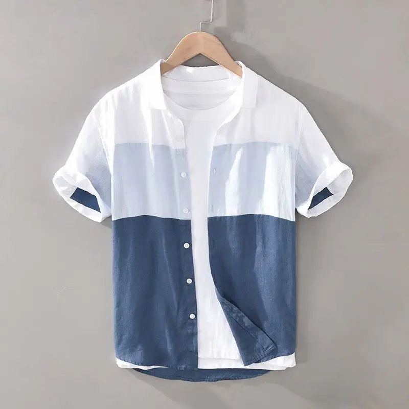 2025 Summer Men's Casual Fashion Splicing Men's Color Block Short-sleeved Youth Shirt Loose Trendy Thin Shirt