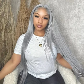 Silver Grey 13X6 Lace Front Human Hair Wigs Grey Colored HD Lace Frontal Wigs Human Hair Straight 13x4 Lace Front Wig 1