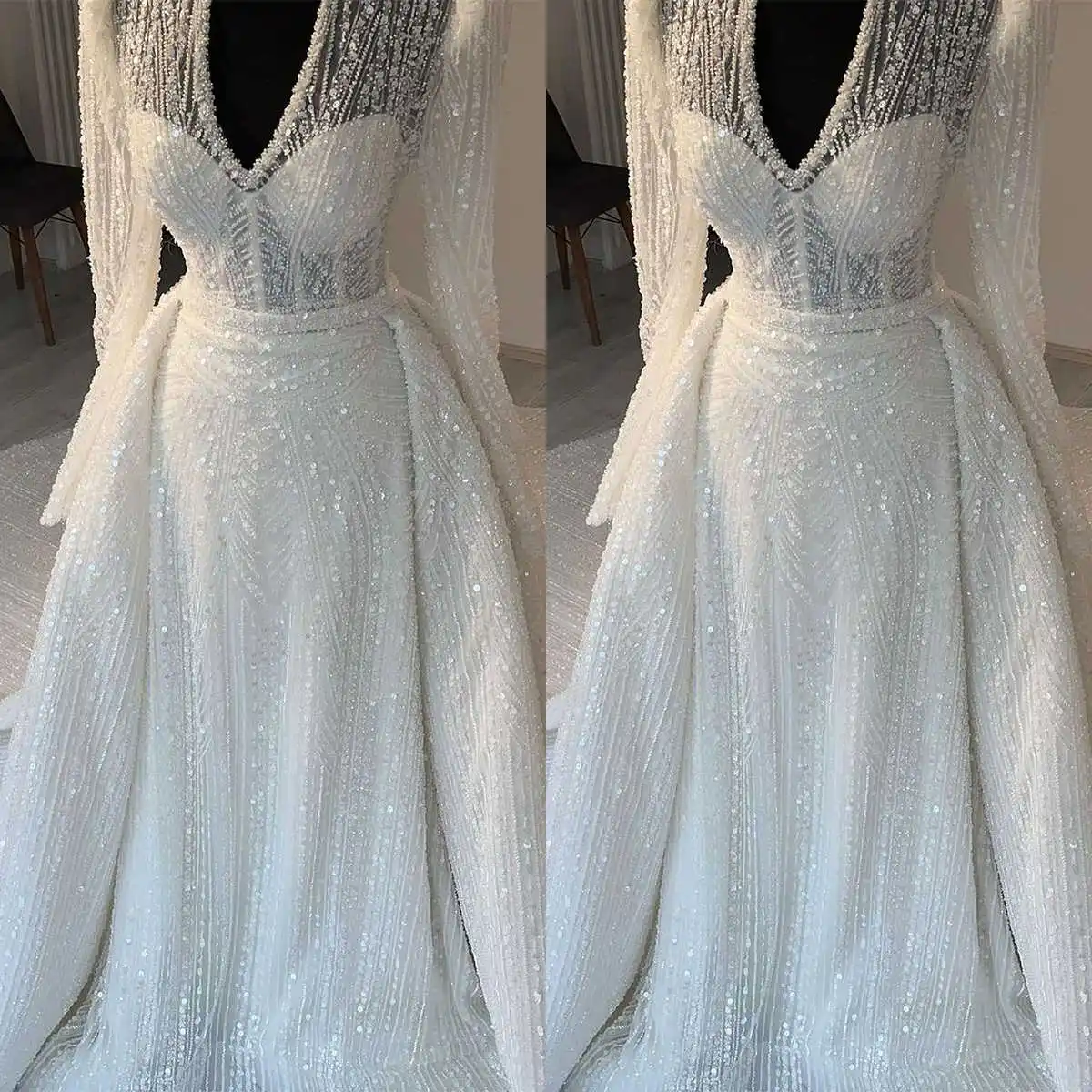 

Женское ТРАПЕЦИЕВИДНОЕ свадебное платье, платье с V-образным вырезом и длинными рукавами, платье с блестками и съемным шлейфом, индивидуальный пошив