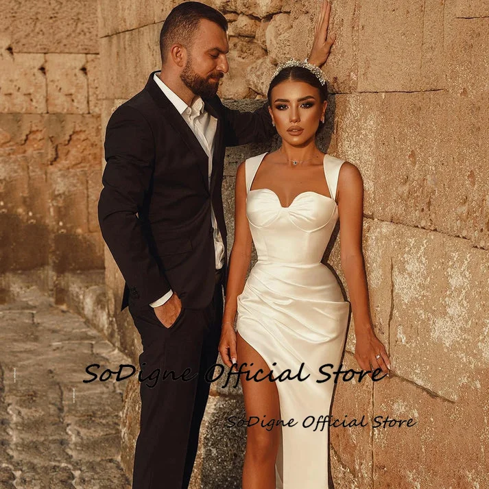 SoDigne Mermaid Satin Wedding Dress Sweetheart Sleeveless Bridal Gown Split Long Bride Dresses vestidos de novia Customized 15