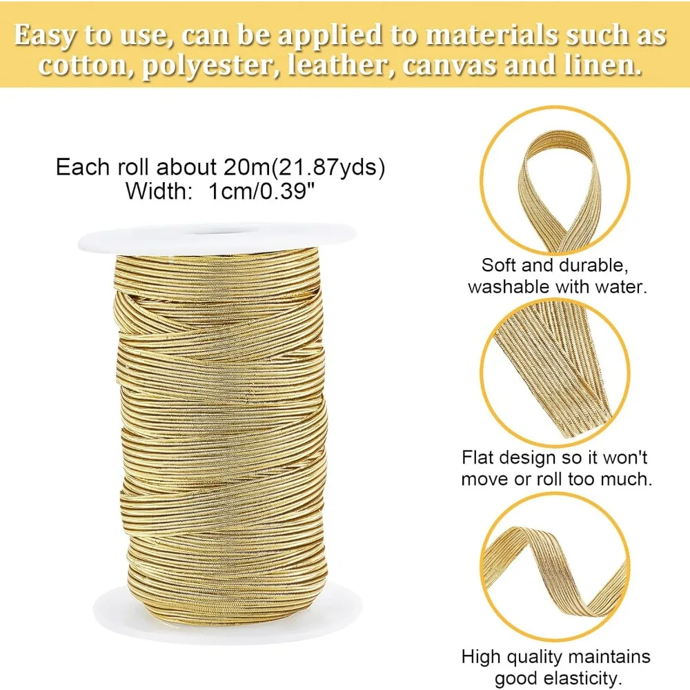 Gold Elastic Band Glitter Metallic Flat Elastic Strap Braided Band Stretch Ribbon 21.87 Yards 10mm Width
