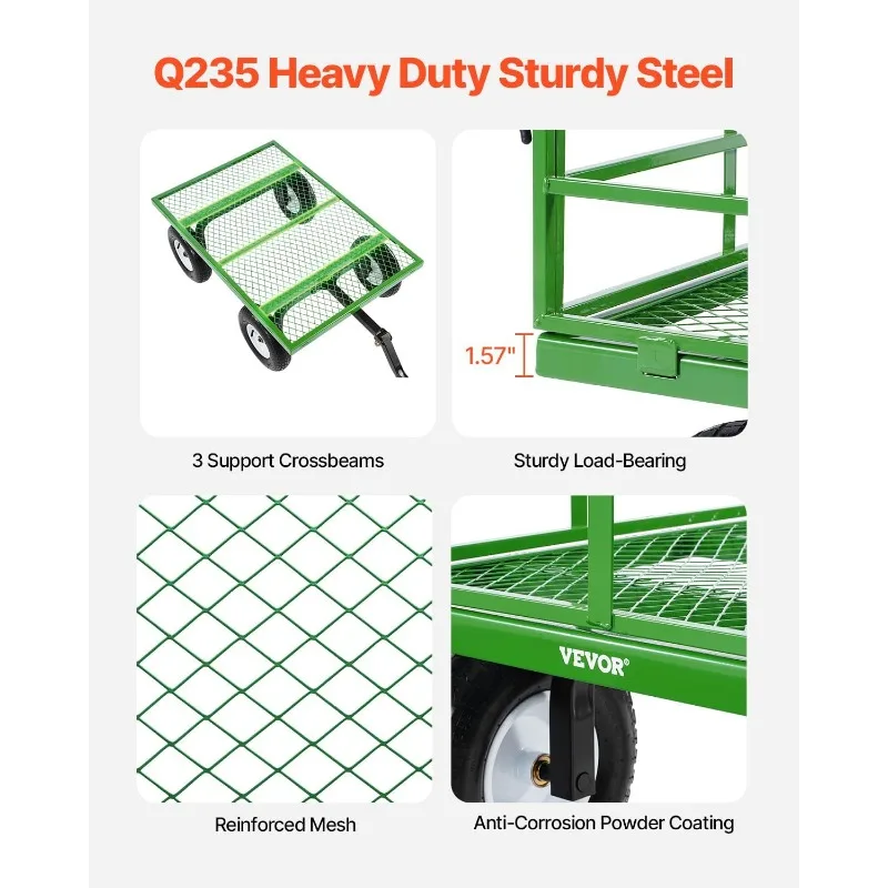 VEVOR 1200 Lbs Steel Garden Cart, Heavy Duty Pullable Garden Wagon Yard Cart, Mesh Removable Sides and 180&deg;Rotating Handle