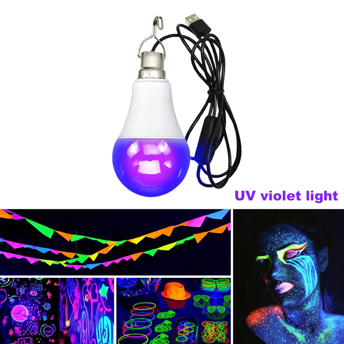USB-Powered UV Black Light Bulb with Switch for Fluorescent Party and Decorative Lighting