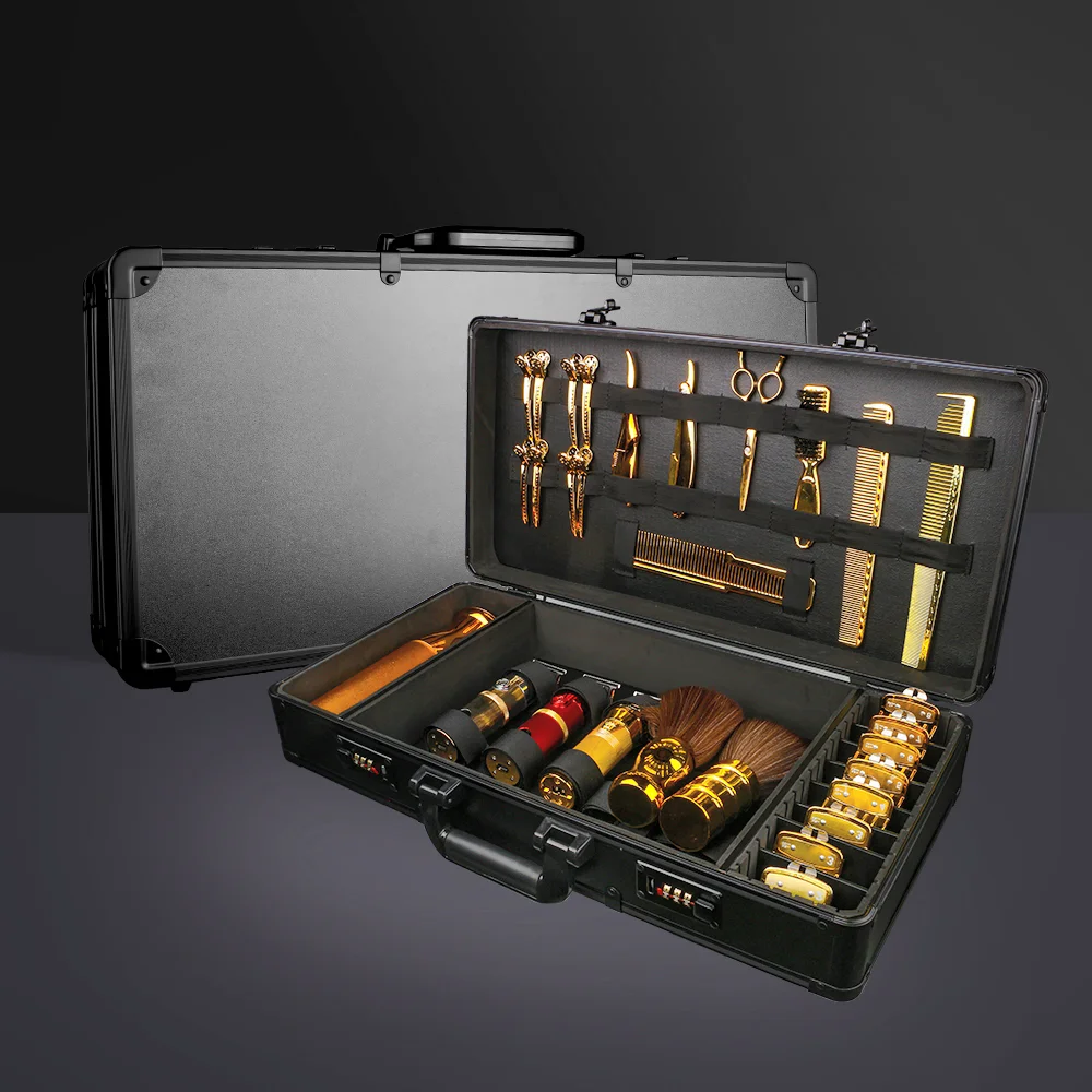 Estuche de barbero de aluminio de lujo dorado, maletín de de peluquería, caja de herramientas de barbería de gran espacio con soporte para cortadora| | - AliExpress