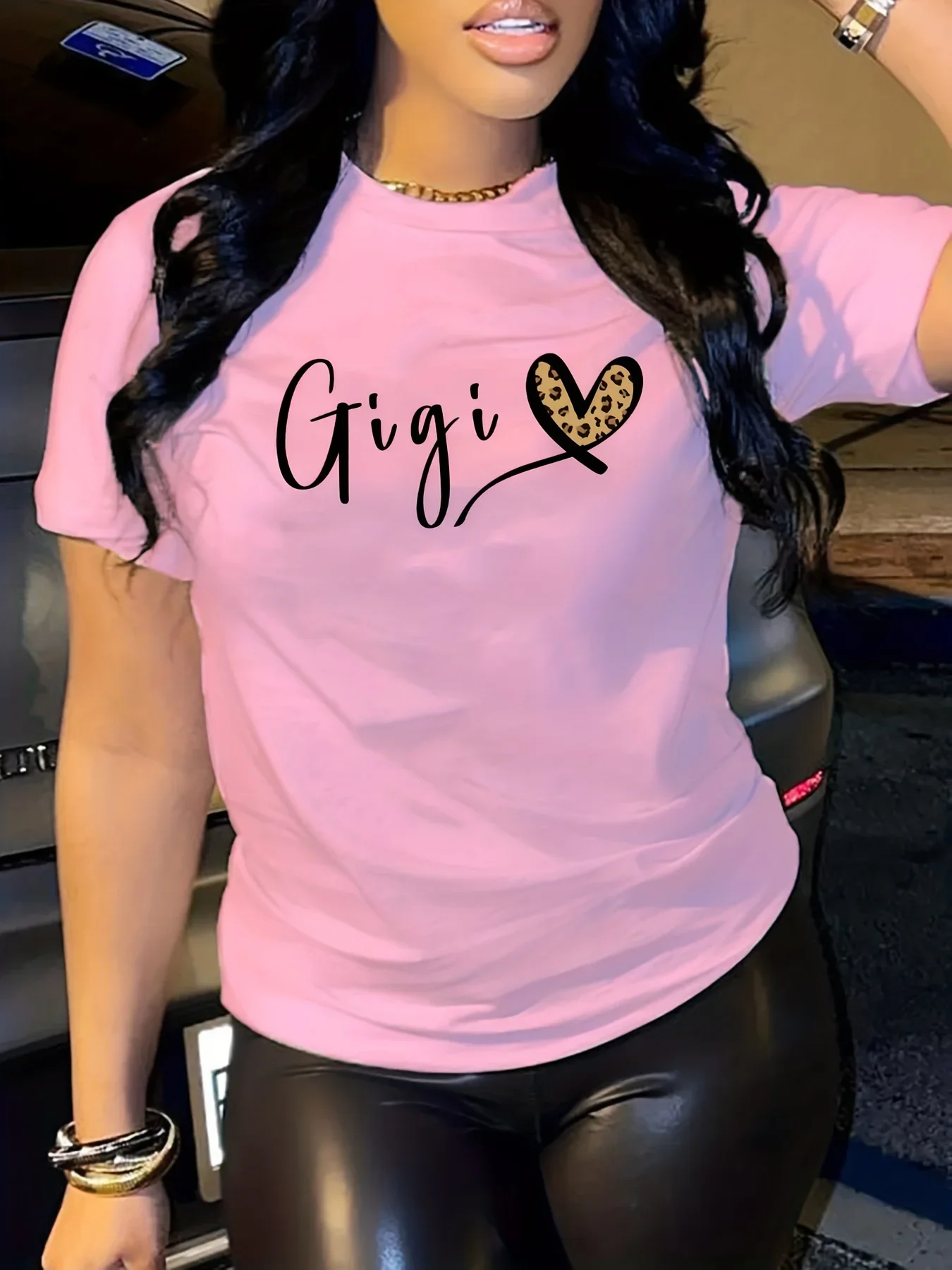 

Gigi Letter Heart Print T-Shirt, Crew Neck Short Sleeve T-Shirt, Casual Every Day Tops, Women's Clothing