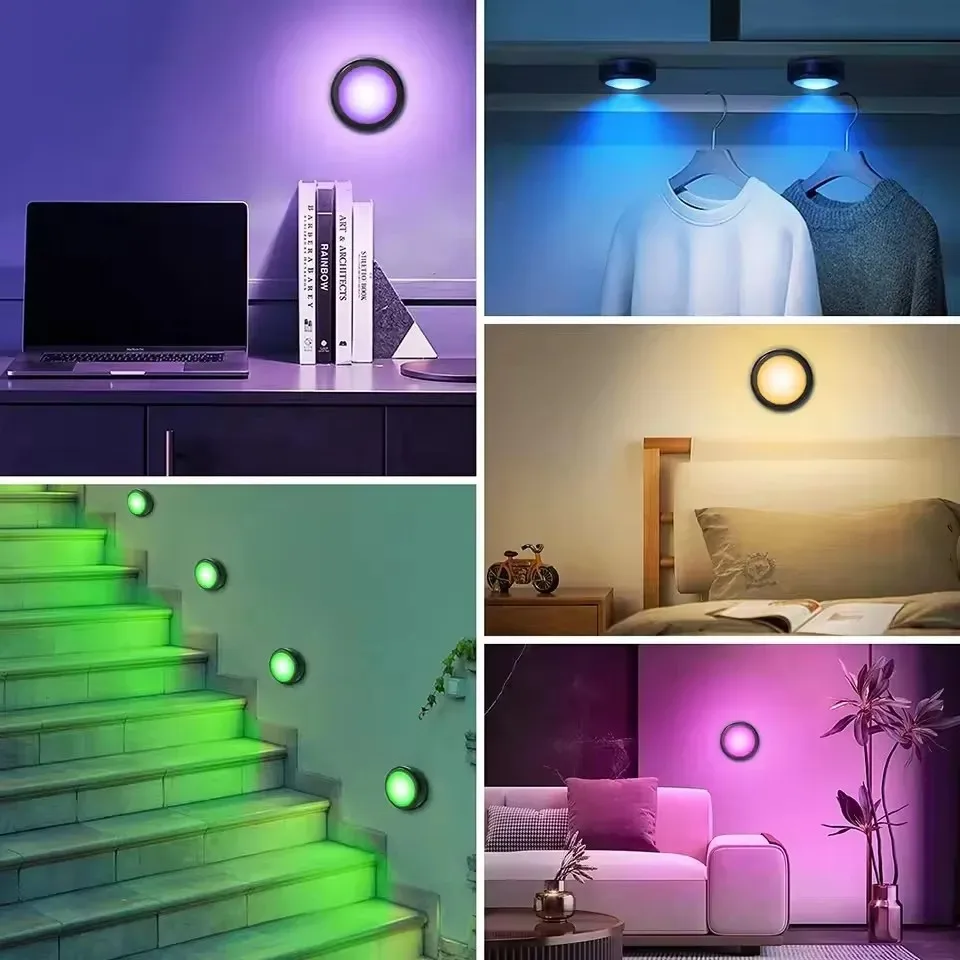 Wireless RGB LED Dimmable Puck Lights with Remote Control - Battery Operated for Under Cabinet, Kitchen, and Closet Use