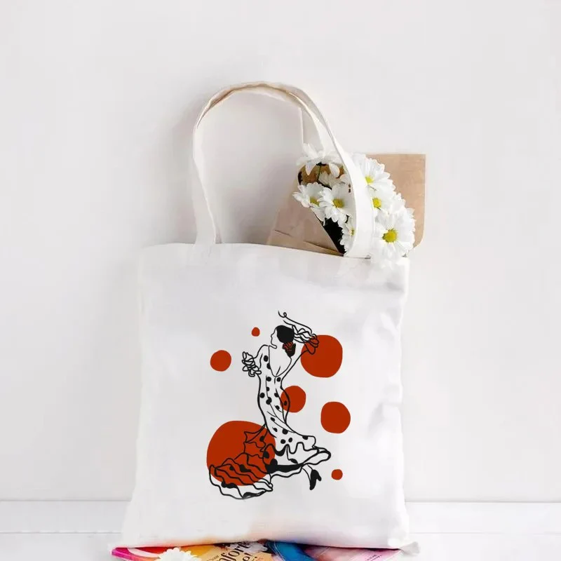 Flamenco Print Canvas Tote Bags Harajuku Reusable Women Shoulder Handbag Large Capacity Shopping Bag Causal Girl  Handbags Gifts 2