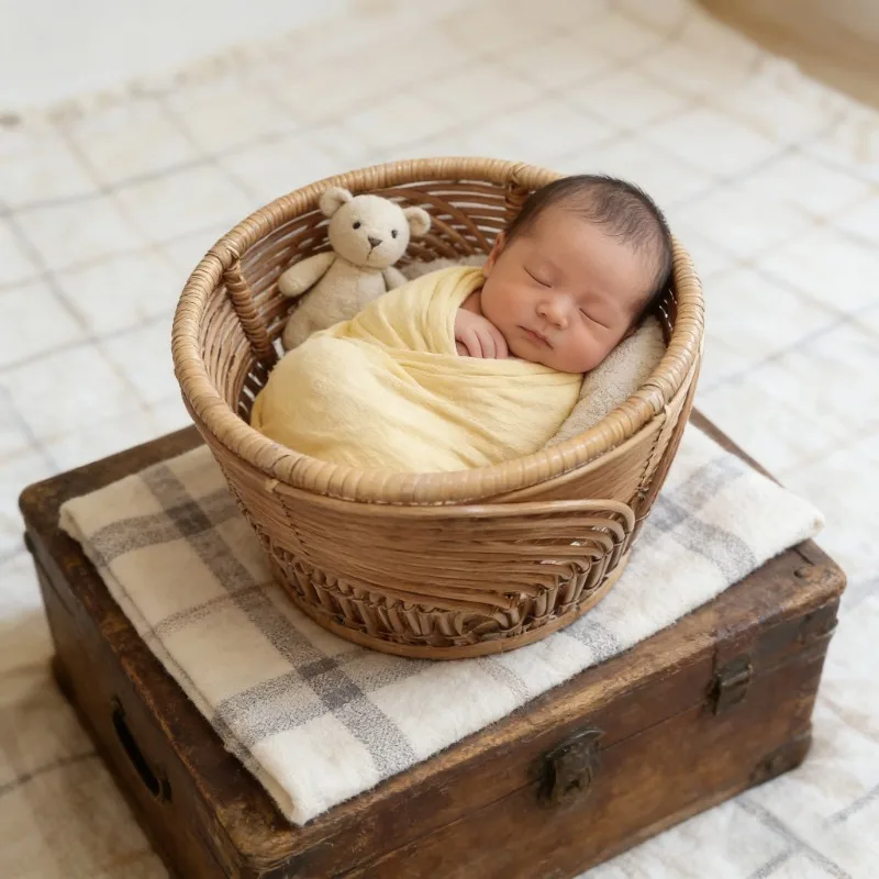 Newborn Studio Shooting Props 1pc Brown Round Vine Woven Basket Baby Photo Shoot Chair Accessories Fotografie Tools for Studio