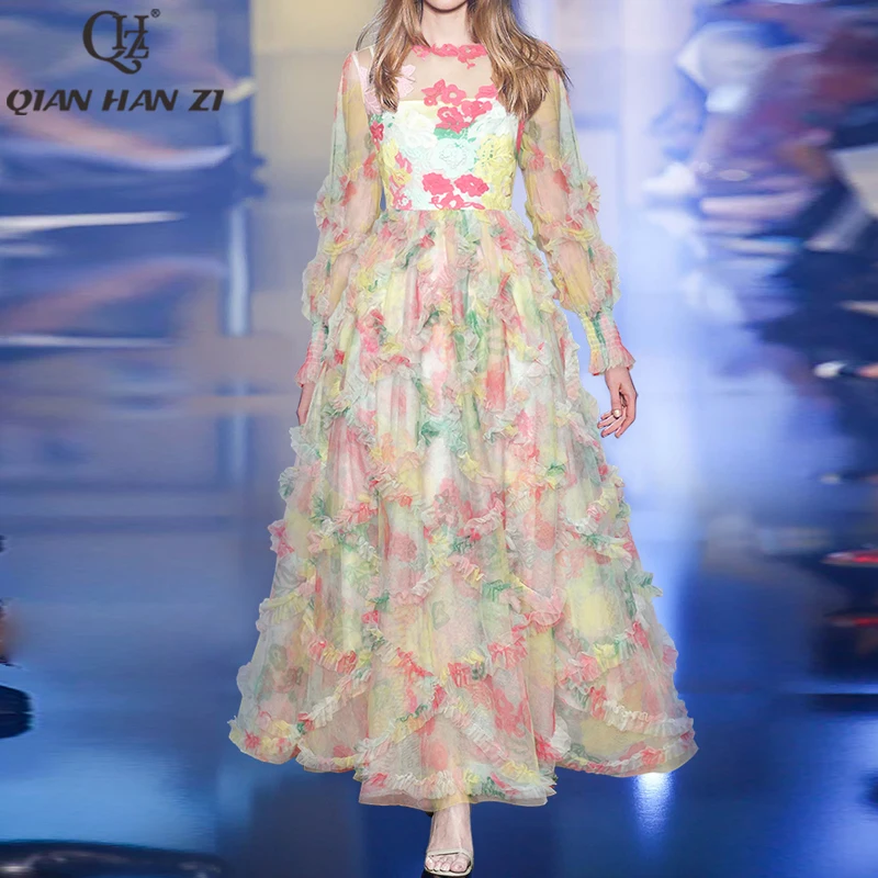 

Qian Han Zi Designer Fashion Ruffled Mesh Print Maxi Dres women lantern sleeves vintage Lace Flower Applique long dress dresses