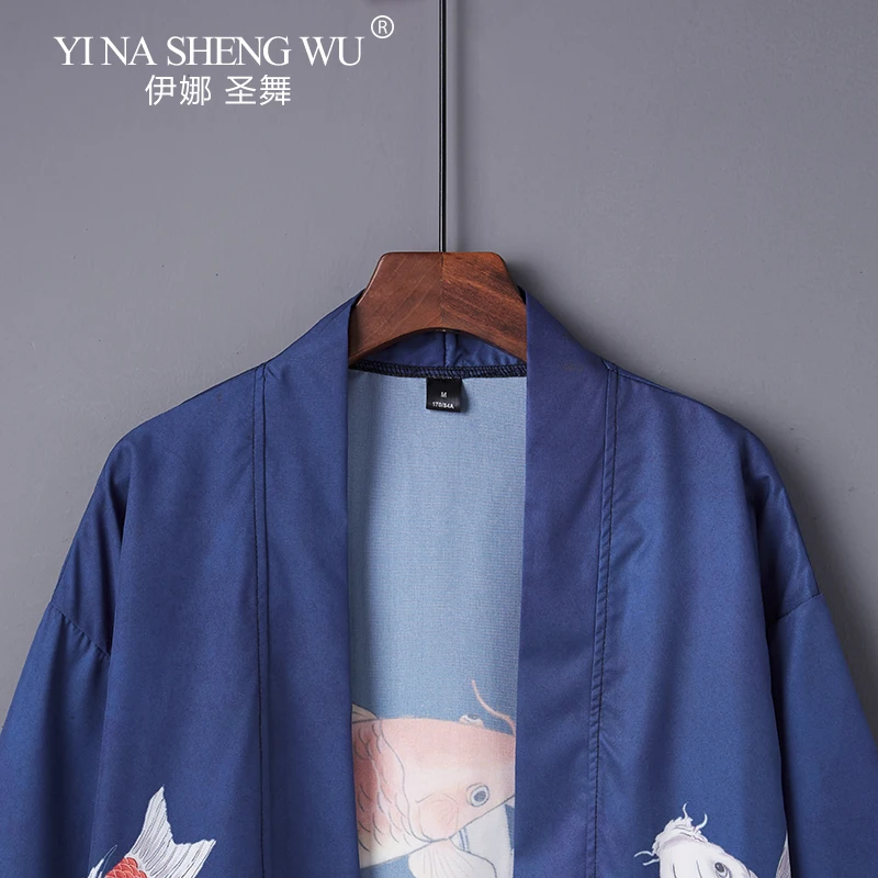 Summer Casual Kimono Cardigan Koi Wave Print Traditional Haori Japanese Style Kimono Women Men Unisex Yukata Blue Coat