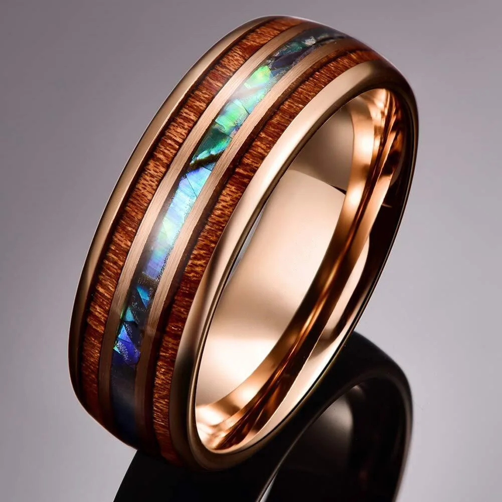 Hawaiian Koa Wood Tungsten Abalone Shell Ring Unisex Women S Men S Carbide Stainless Steel Wedding 