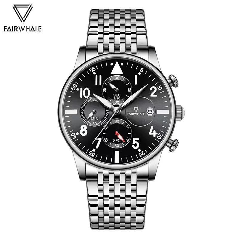Luxury Mark Fairwhale Men Quartz Watches Multifunction Waterproof Chronograph Watch Stainless Steel Business Wristwatch Man Gift