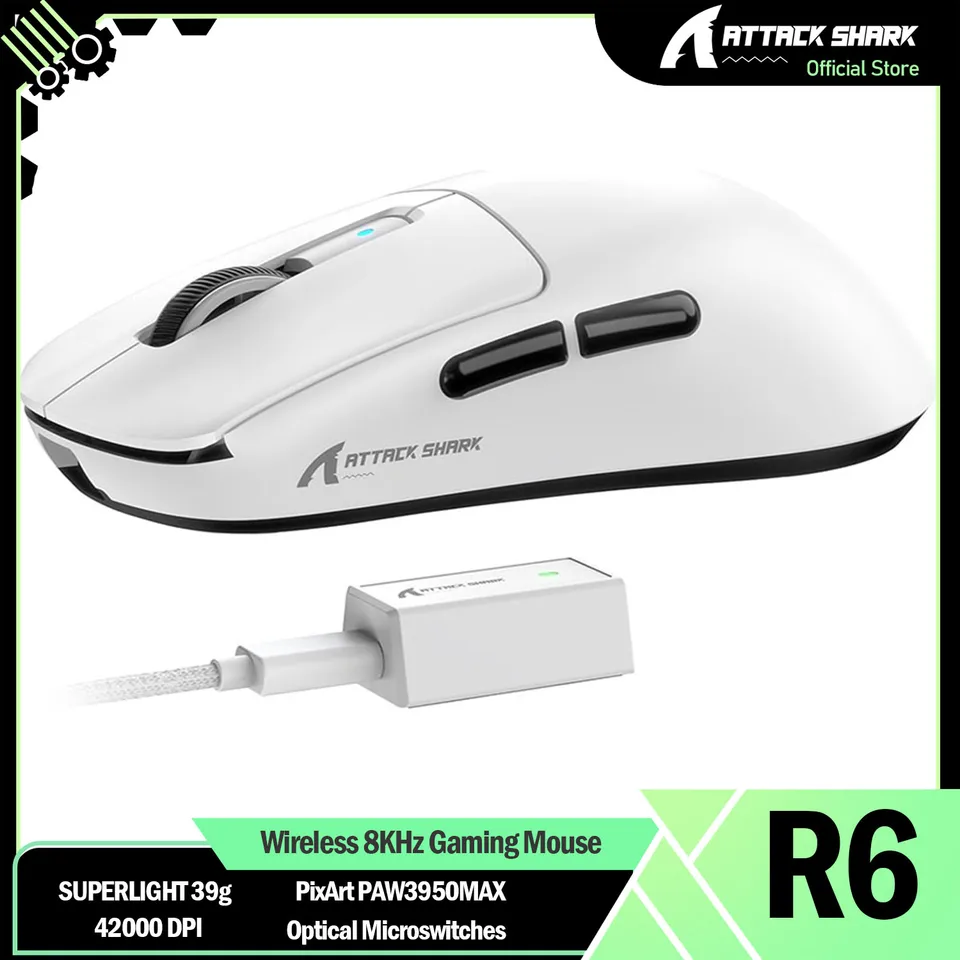 Mouse Gaming Wireless ATTACK SHARK R6 - 42g Superleggero, Sensore PAW3950MAX, 8KHz Polling, 42000 DPI
