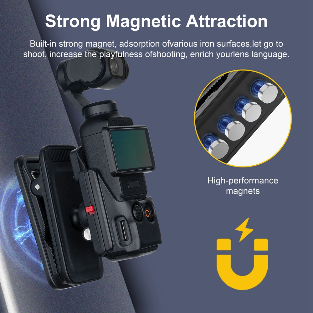 Angle de vue latéral du support magnétique pour DJI Osmo Pocket 3 avec rotation 360° et griffe.