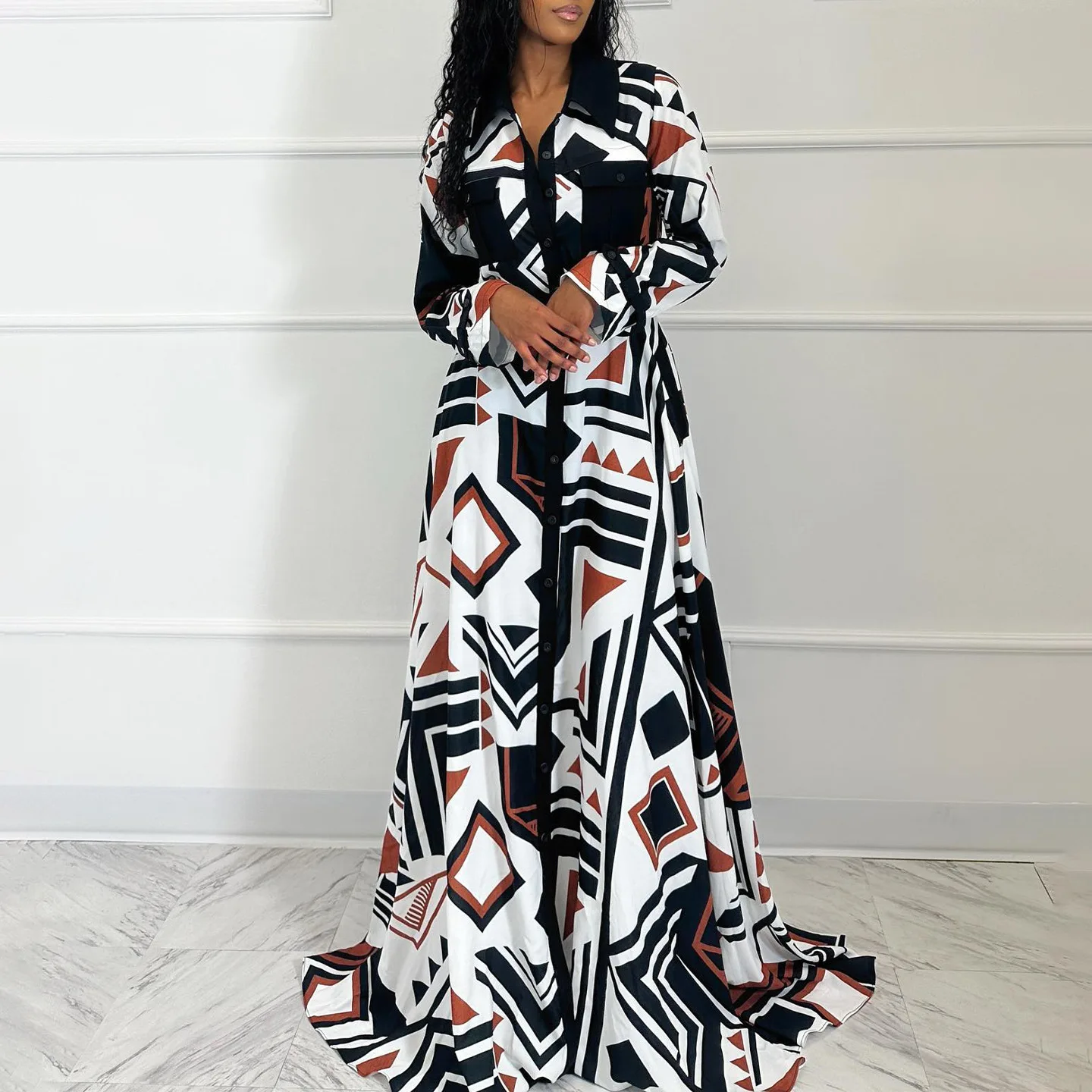 

Printed Long Sleeve Long Dress For Women Turn Down Hongkong Style Floor-length Dresses Single Breasted A Style Dress