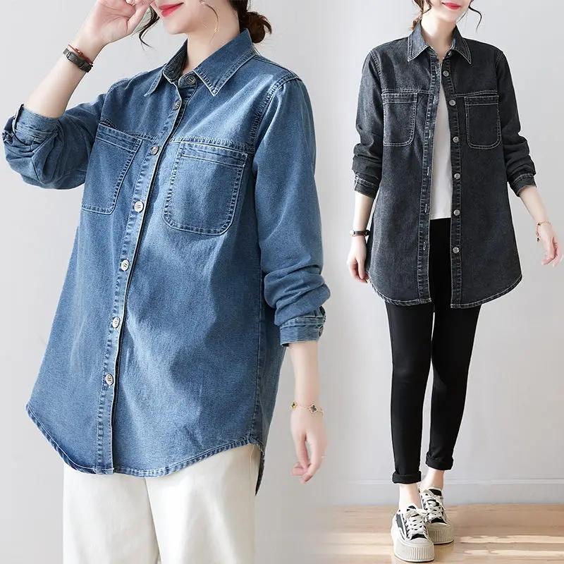 

Женская ВИНТАЖНАЯ ДЖИНСОВАЯ РУБАШКА, свободный однобортный Топ с длинным рукавом, весна-осень 2023, Z239