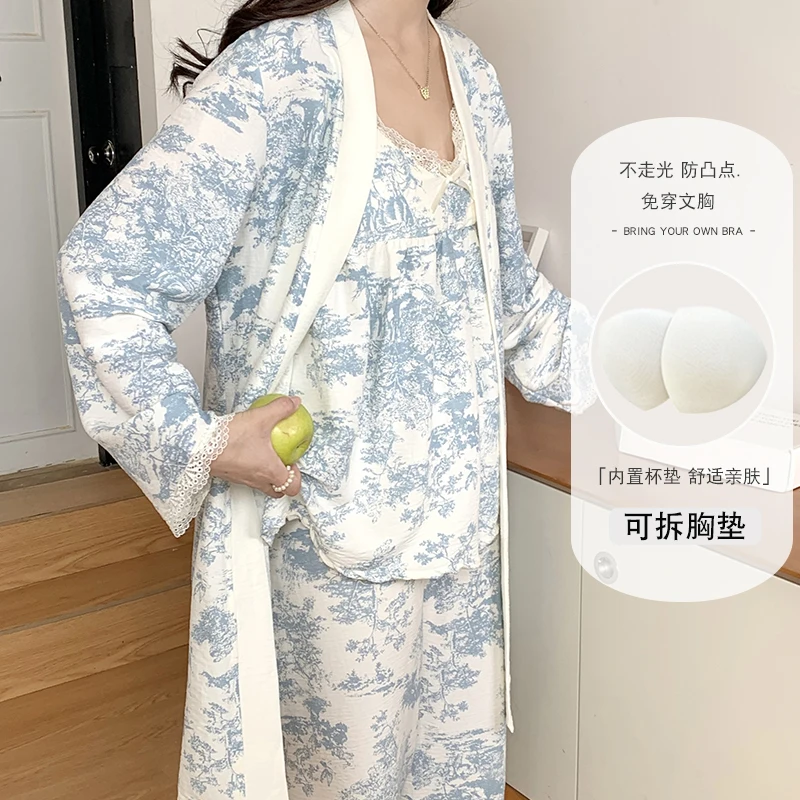 ملابس نوم نسائية بأكمام طويلة من قطن السحاب، طقم م...