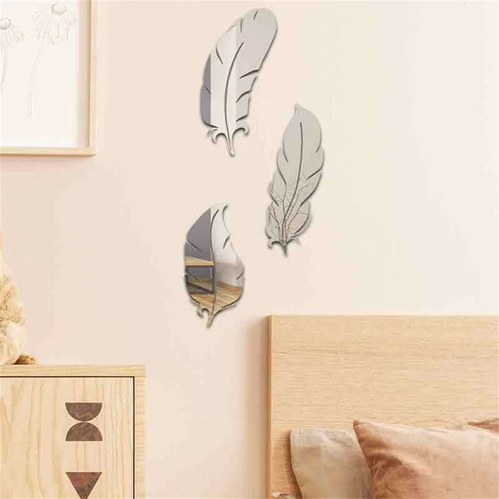 3D Feather Plume Mirror Wall Sticker For Living Room Art Home Decor Vinyl Decal DIY Acrylic Sticker Mural Wallpaper Decor