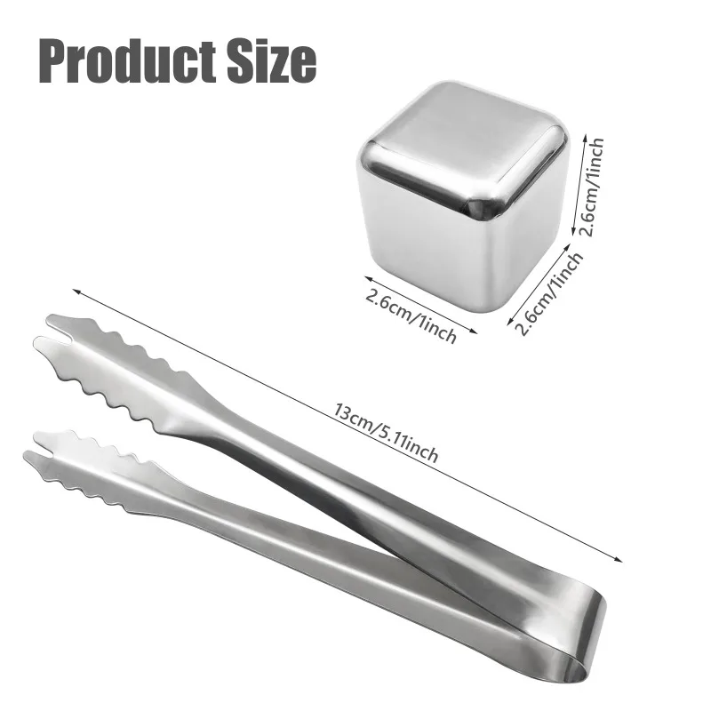 8 Pcs Stainless Steel Ice Cubes for Drinks Reusable Stainless Wine Ice Tong for Whiskey Beverage Juice Father's Gifts