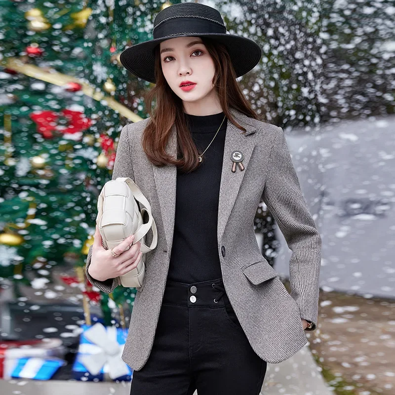 High quality blazer for women plaid jacket wool blend single breasted spring 2024 elegant fashion clothes - grey brown