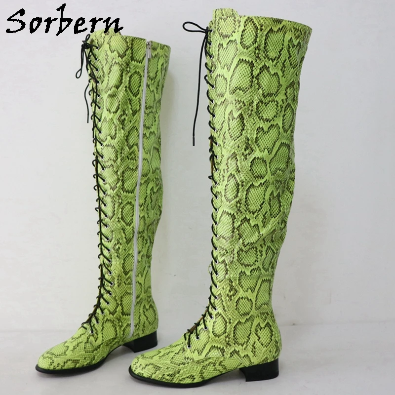 Sorbern Yellow Python Knee High Flat Heel Women Boots Round Toe Lace Up Custom Wide Calf Fit Vegan Shoes Designer Spanish Boots