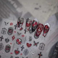 Autocollants pour ongles Gothic Rose 5D, motifs floraux rouges, croix, cœur rubis, papillon, bordure ajourée antique, strass, accessoires pour ongles audacieux 1