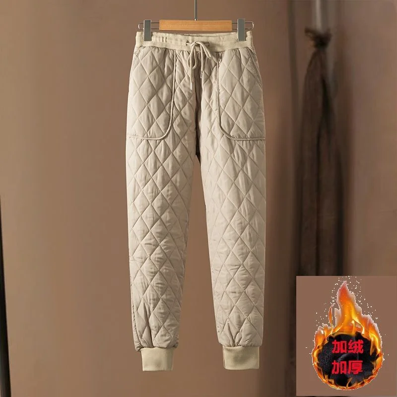 Women Winter New High Waist Harlan Pants Commuter Fashion Simple Lace Up Pocket Splicing Fleece Warm Versatile Down Cotton Pants