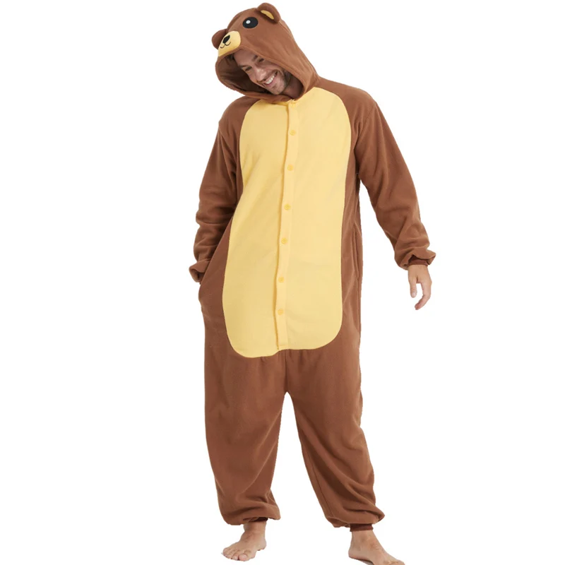 Two colors bear men animal costume cosplay game kigurumi black jumpsuit pajamas Halloween Christmas party hooded cartoon pajamas