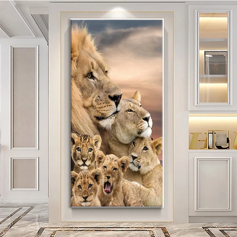 

110*220cm Animal Art Lion Lioness with Baby Lions Canvas Painting Wall Art Poster Prints Wall Pictures Living Room Quadros Decor