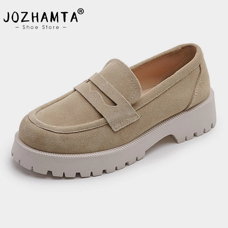 

JOZHAMTA Size 34-42 Women Casual Loafers Real Leather Flats Fashion Platform Shoes Chain Chunky Heel Shoes Ladies Retro Office