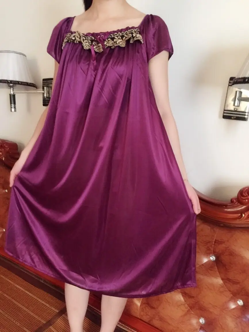 Women Satin Silk Dress Embroidery Nightgown Lingerie Oversized 5XL Sleepshirt Summer Lounge Pajama Night Sleepdress