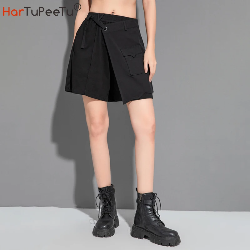 Gothic Black Wide Leg Shorts Women Summer Elastic High Waist Pantskirt Patchwork Bandage Capris with Pockets insdoit punk grunge patchwork pants skirt women gothic black streetwear harajuku pockets skirts aesthetic sexy high waist skirts