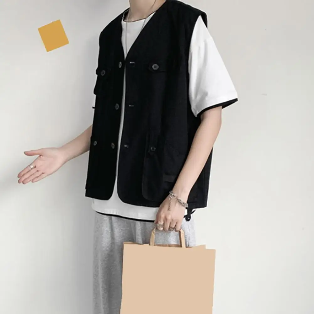 Outdoor Cargo Waistcoat Men's Collarless Sleeveless Cargo Waistcoat with Multi Pockets Solid Color Outdoor Vest Coat for Casual