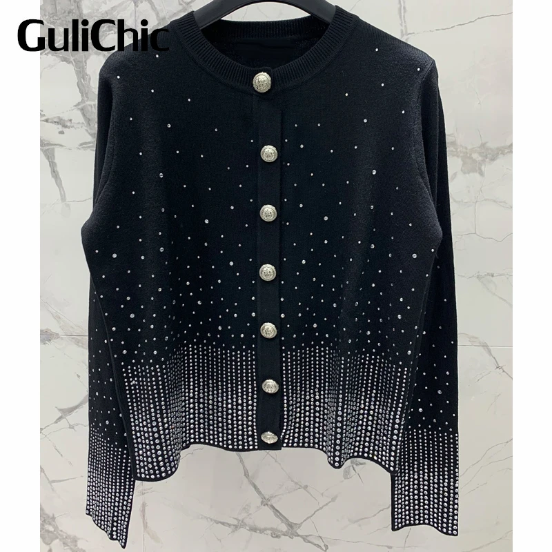

9.15 GuliChic Women Black Temperament Heavy Industry Diamonds Crew Neck Long Sleeve Wool Knitted Cardigan