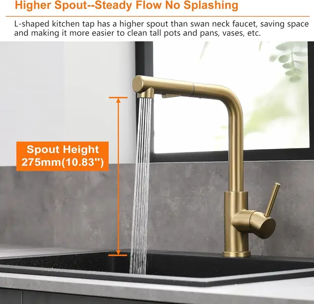 ก๊อกน้ำอ่างล้างจานแบบสัมผัสสีทองปัดเงา ก๊อกน้ำร้อนน้ำเย็นแบบดึงออกได้ ก๊อกผสมอ่างล้างจานสแตนเลส ก๊อกน้ำอ่างล้างจานแบบสัมผัส 4